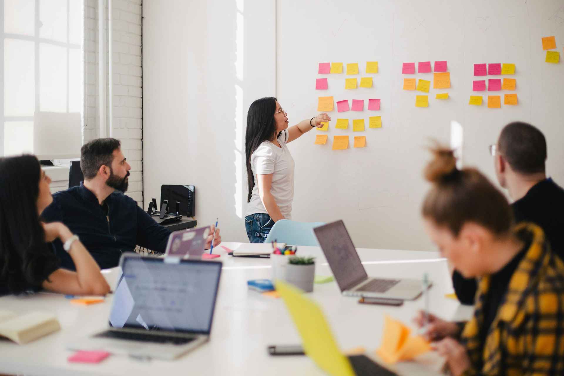 Professional lady giving presentation to colleagues